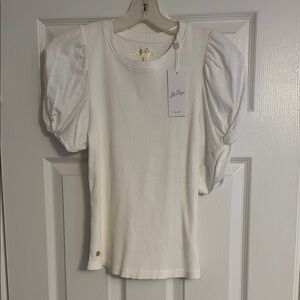 Lilly Pulitzer White Ribbed Puff Sleeve Top